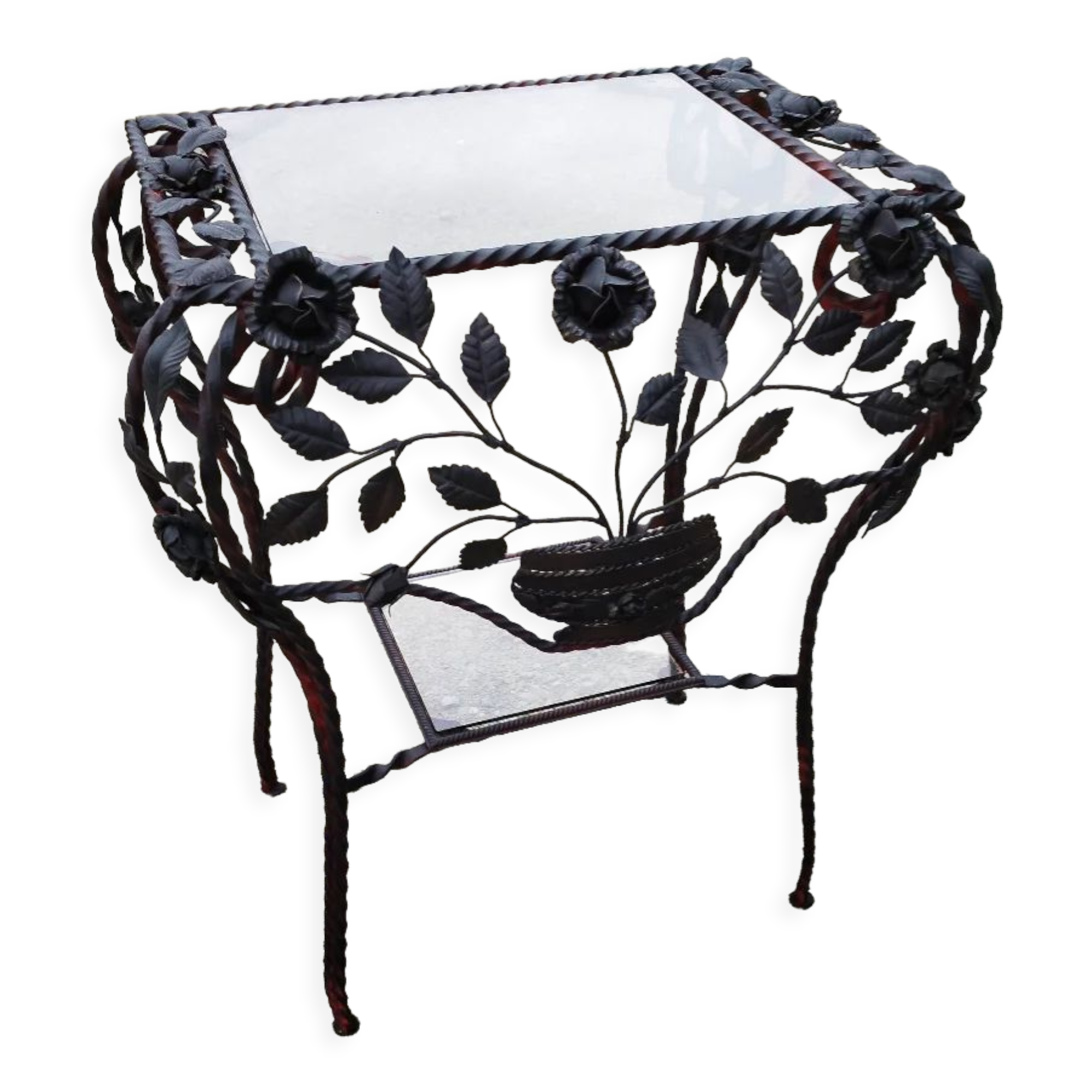 Table guéridon console sellette en fer forgé à décor de rose verre