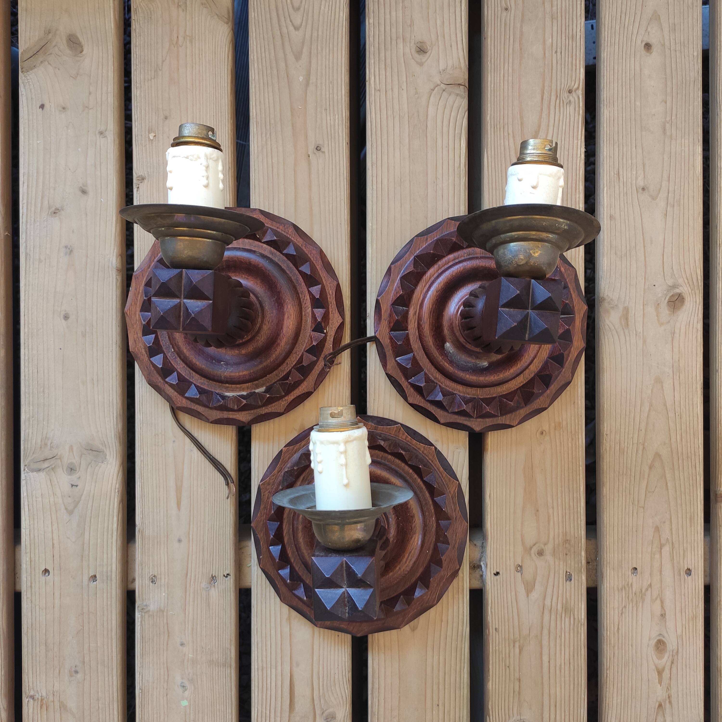 3 vintage wooden wall lights 1970
