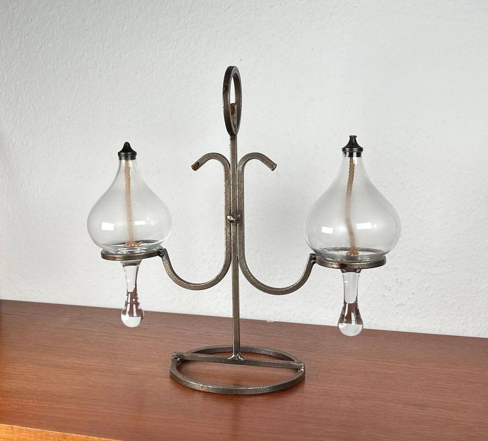 Mid-century Danish wrought iron and glass table oil lamp, 1960s.
