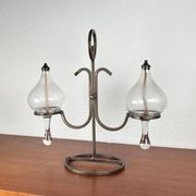 Mid-century Danish wrought iron and glass table oil lamp, 1960s.