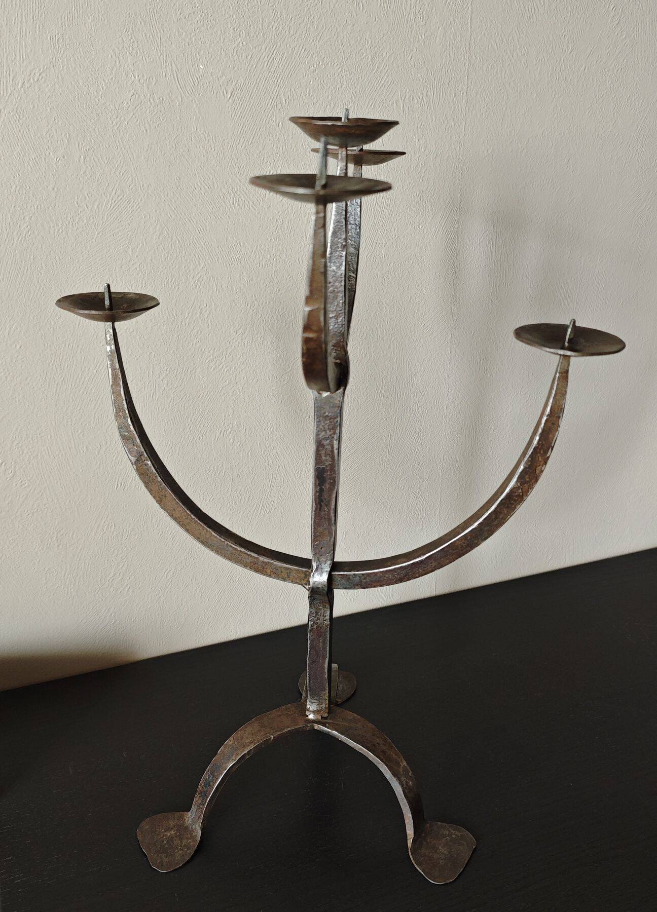 Large Brutalist Wrought Metal Candlestick - Early 20th Century