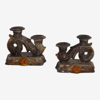 Pair of vintage ceramic double candle holders in orange-brown tones