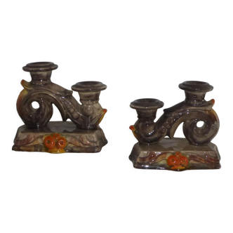 Pair of vintage ceramic double candle holders in orange-brown tones
