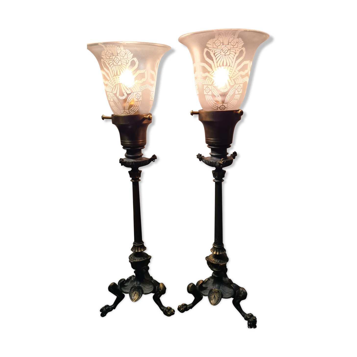 2 tripod lamps empire napoleon 1890 acid-etched tulips in unsigned bacara 46x15