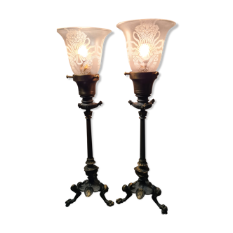 2 tripod lamps empire napoleon , 1890 tulips engraved with acid in the bacara not sign 46x15