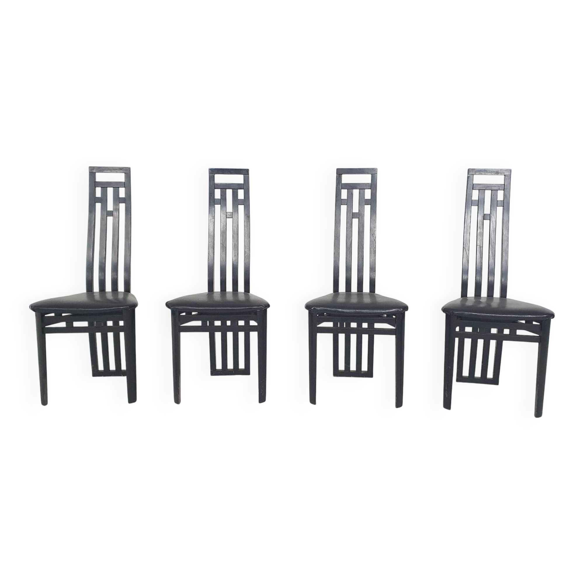 Antonio Sibau black leather dining room chairs, Italy 1980's