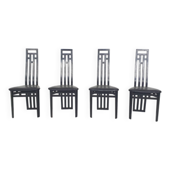 Antonio Sibau black leather dining room chairs, Italy 1980's