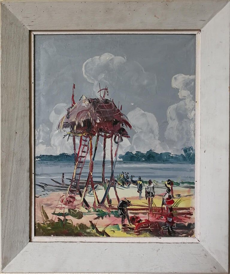 DOM, cabin on the shores of Lake Tanganyika, African painting, circa 1950