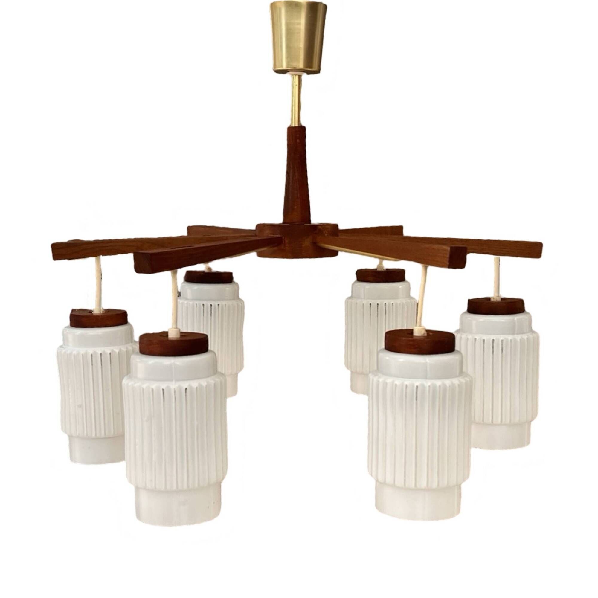 Scandinavian six-arm chandelier made of teak wood, Denmark, 1970s.