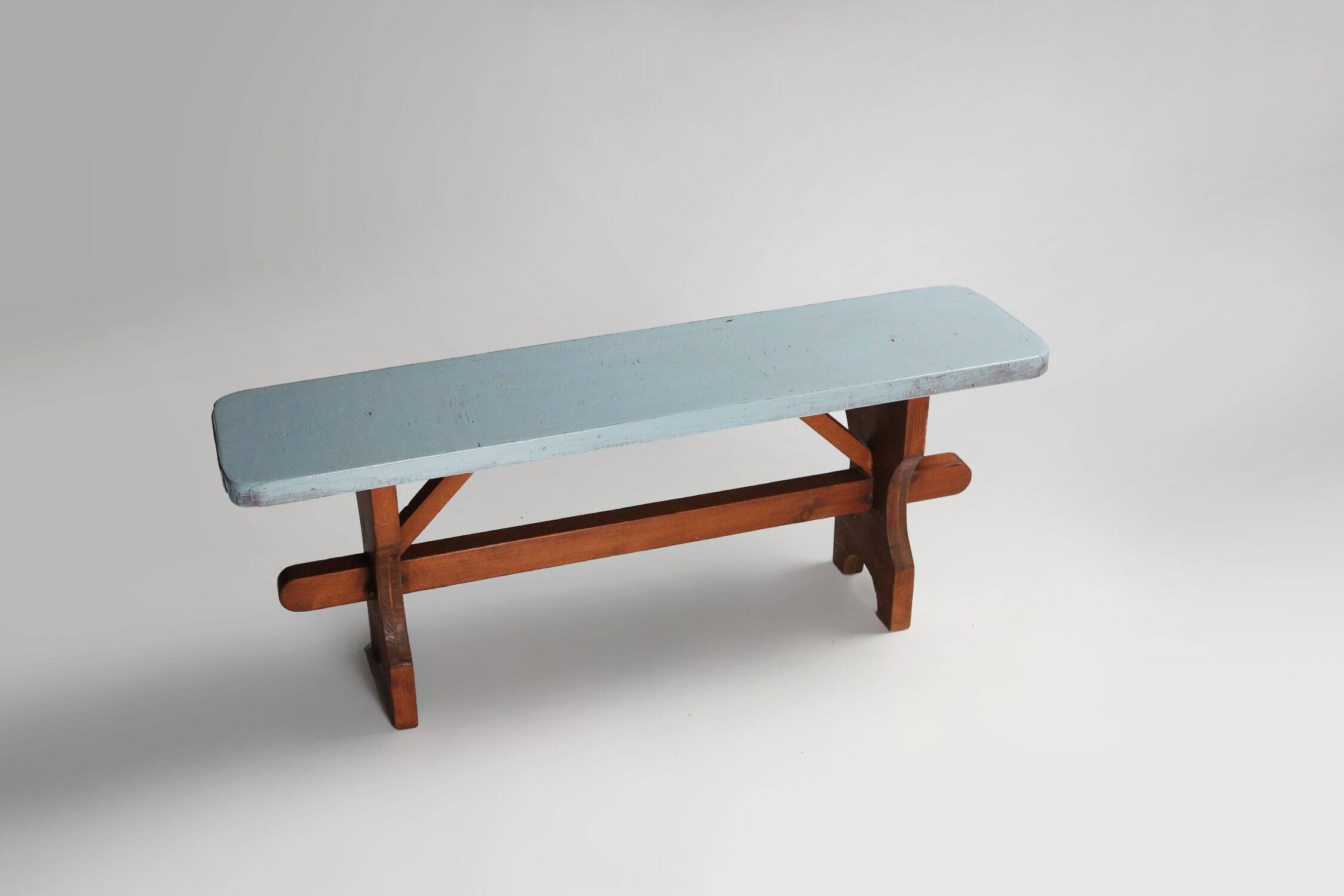 Rustic Art Deco Wooden Bench with Blue Top, France, 1930s