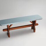 Rustic Art Deco Wooden Bench with Blue Top, France, 1930s