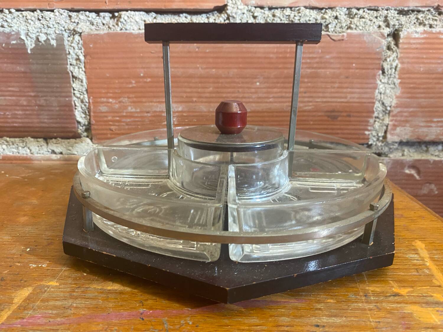 Serving Tray Wood & Chrome + Molded Glass Bowls Kitchen Wine