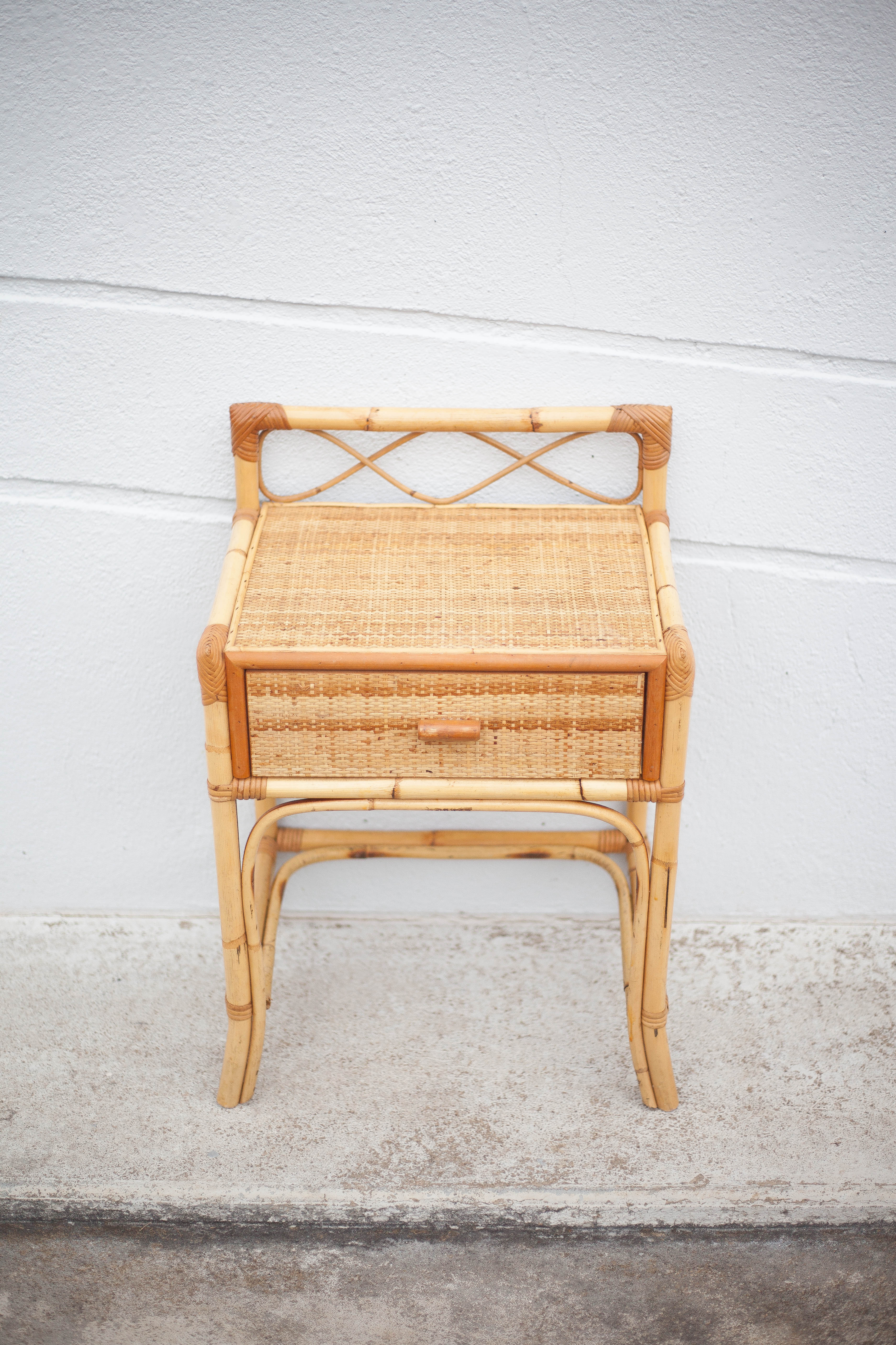 Rattan bedside table, wicker nightstand, end of sofa, interior decoration