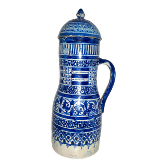 Water pot "GHORRAF" with blue geometric decoration earthenware of Fez Morocco - XlXè