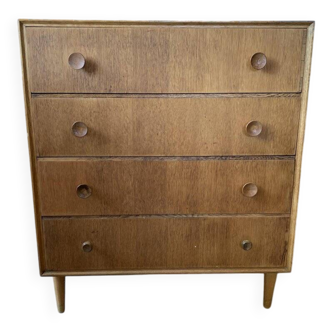 Mid-Century chest of drawers in brown teak with 4 drawers, 1960s, tapered legs.