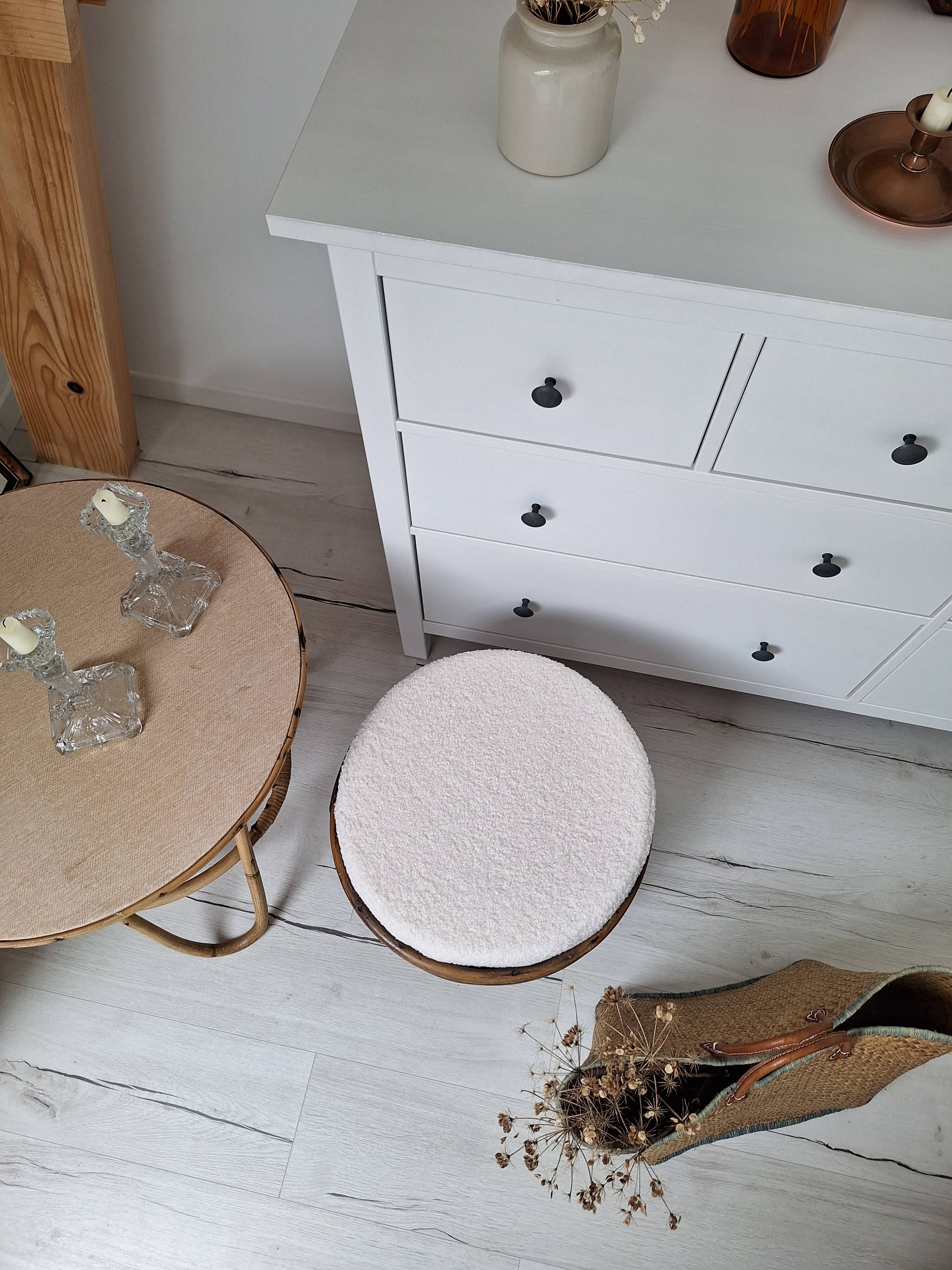 Vintage rattan and French terry fabric pouf