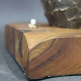 1940s restored brass table lamp with wooden base and glass shade