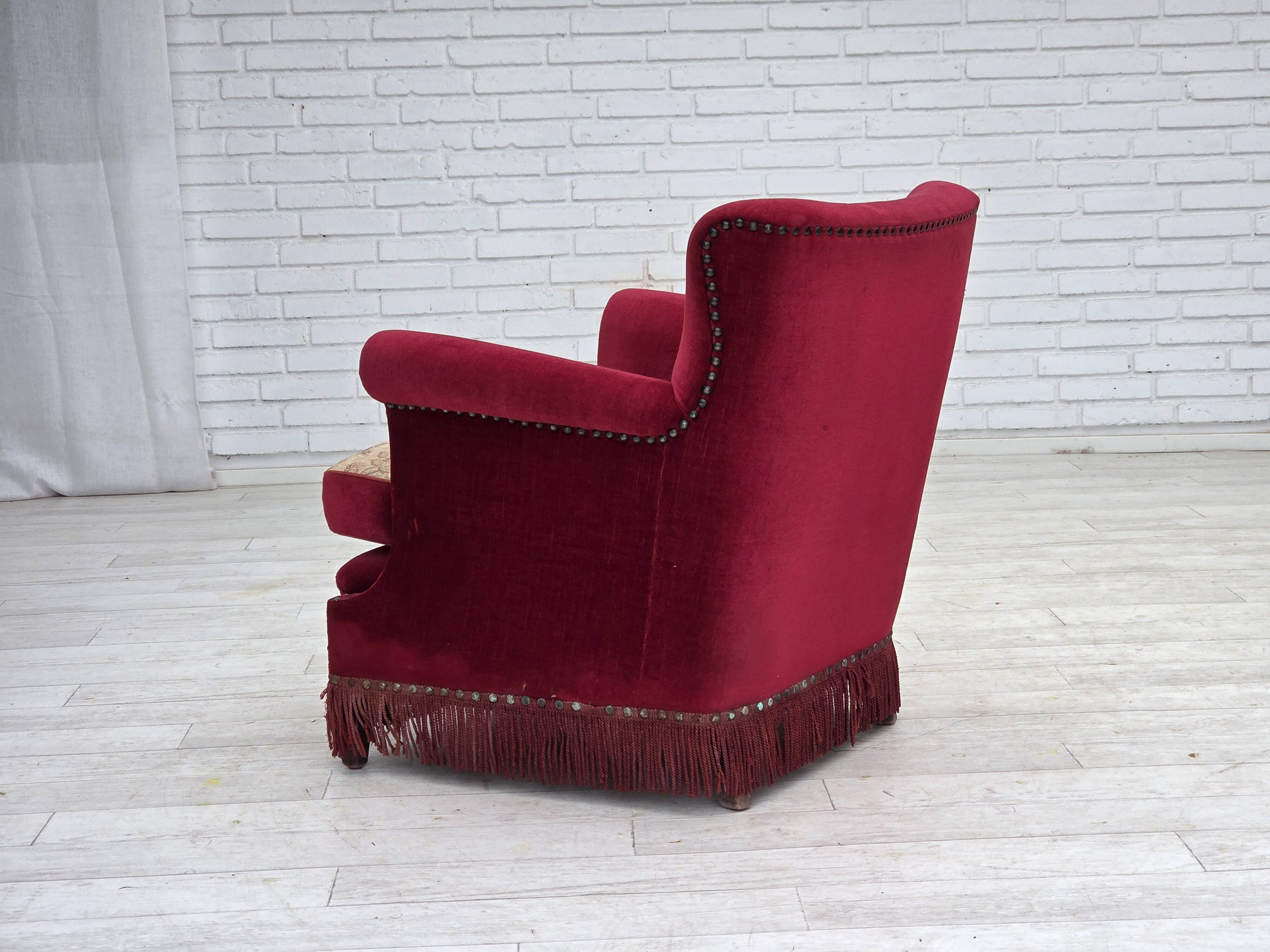 1970s, Danish armchair, red furniture velour, ash wood.