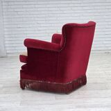 1970s, Danish armchair, red furniture velour, ash wood.