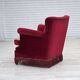 Fauteuil danois des années 1970, velours rouge, bois d'orme.