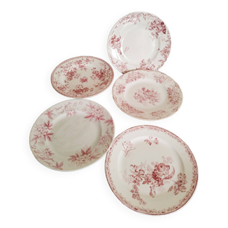 Lot de 5 ssiettes plates en faience  Terre de fer  , coloris rouge ,  antique français