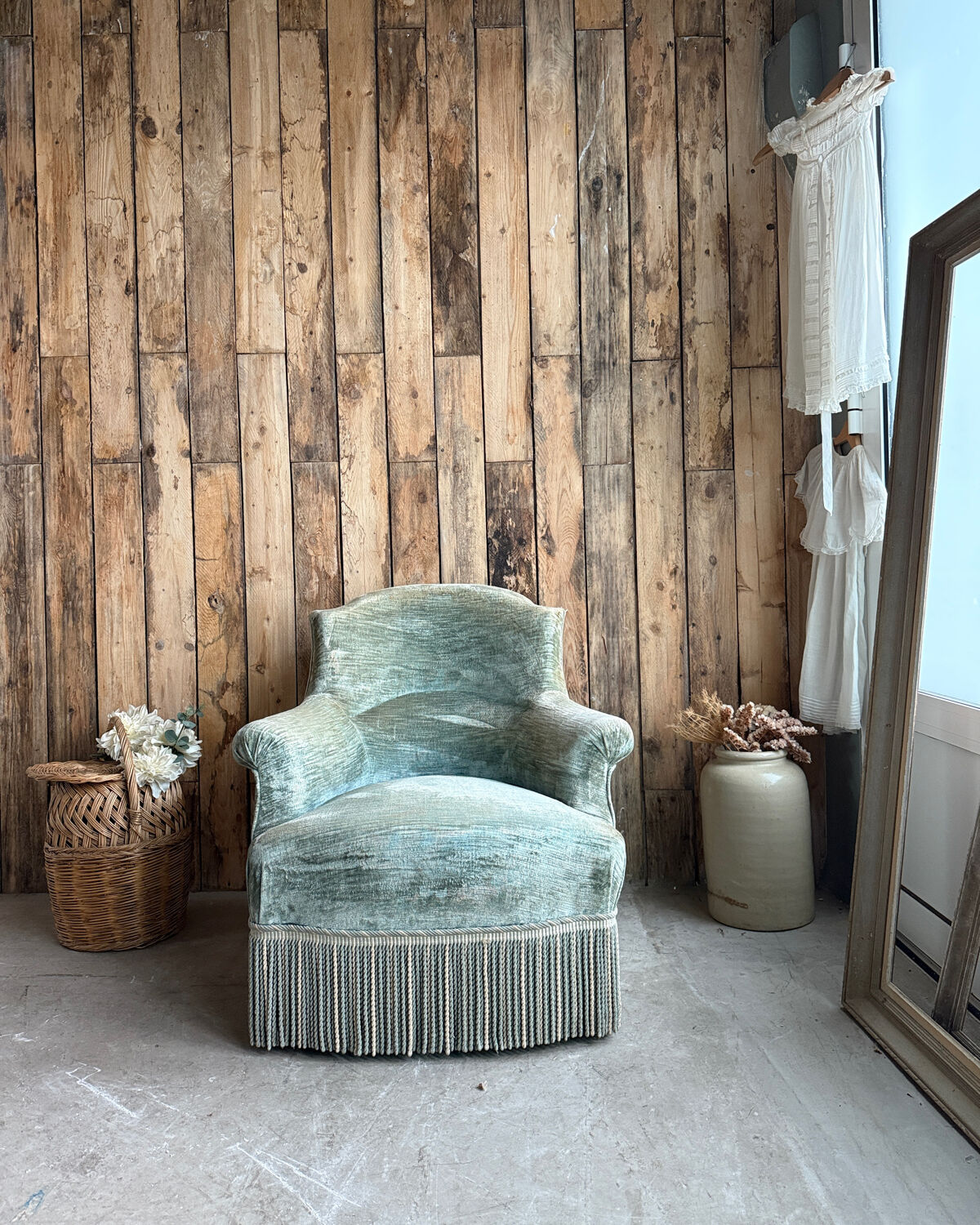 Green velvet tub chair