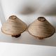 Lot of 2 vintage table lamps from the 1970s, dark wood oval bases with curved brass details, handmade natural fibre lampshades, elegant lighting.