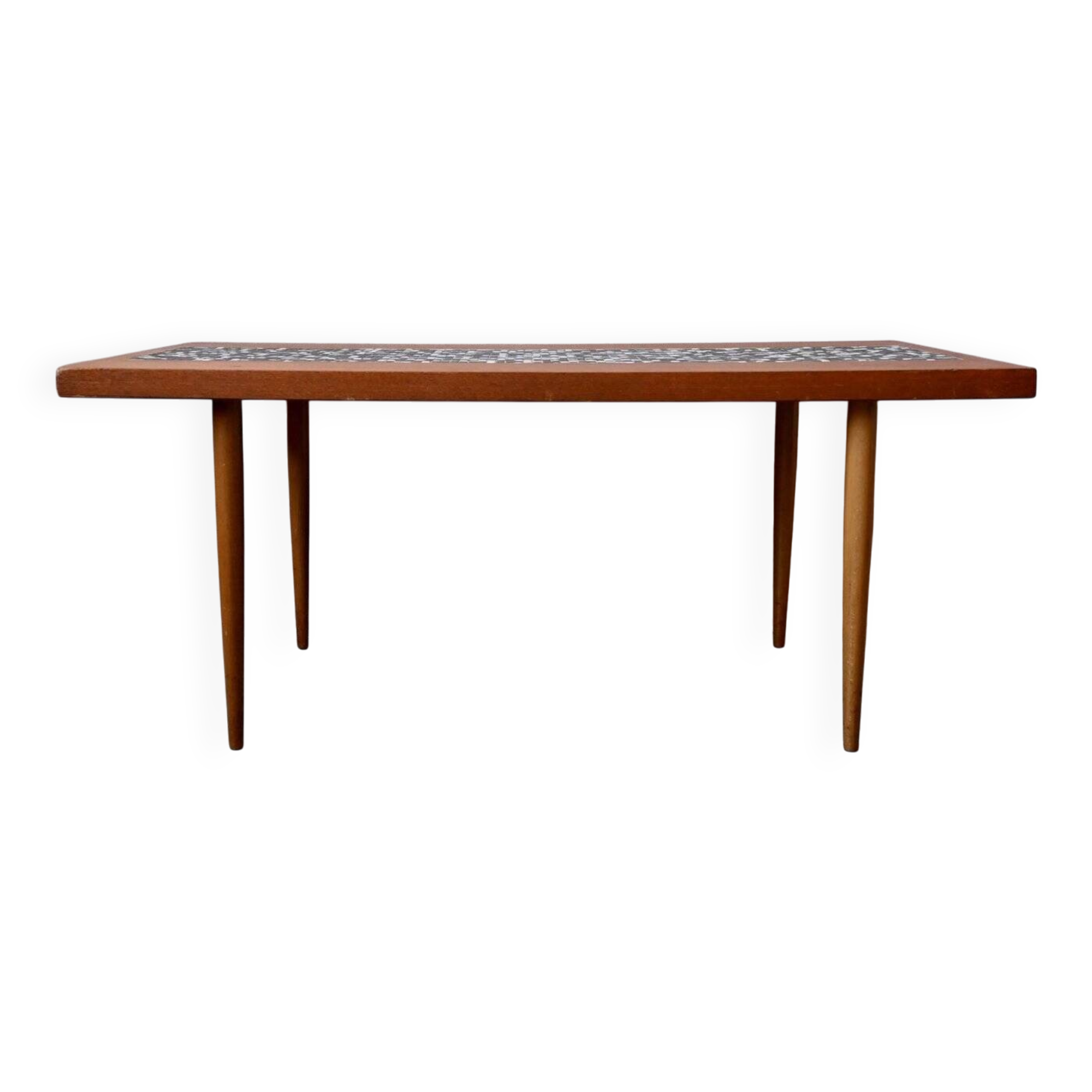 1970s coffee table with a tapered teak base and ceramic mosaic.
