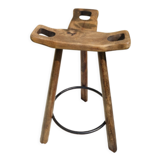 Tabouret de bar brutaliste en bois des années 50