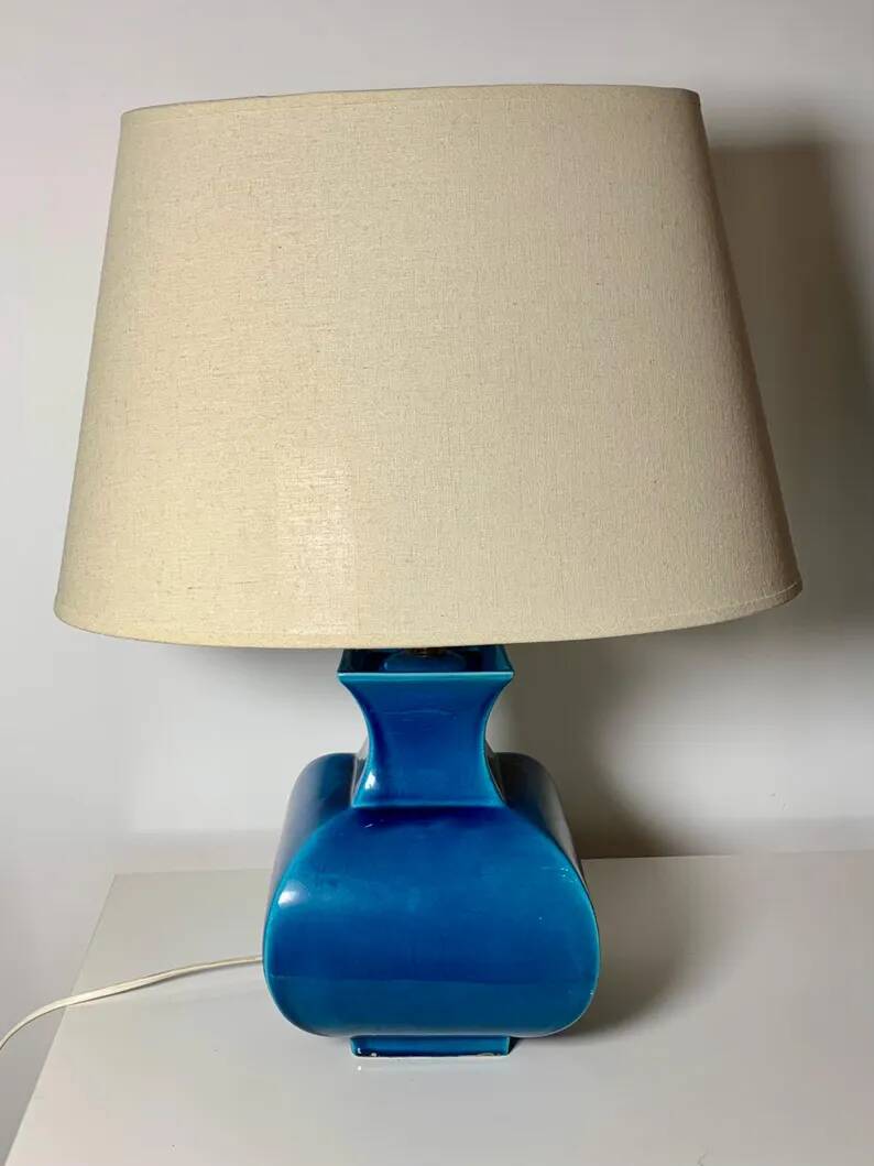 Vintage ceramic lamp Molin Charolles glazed turquoise blue - French 1970s