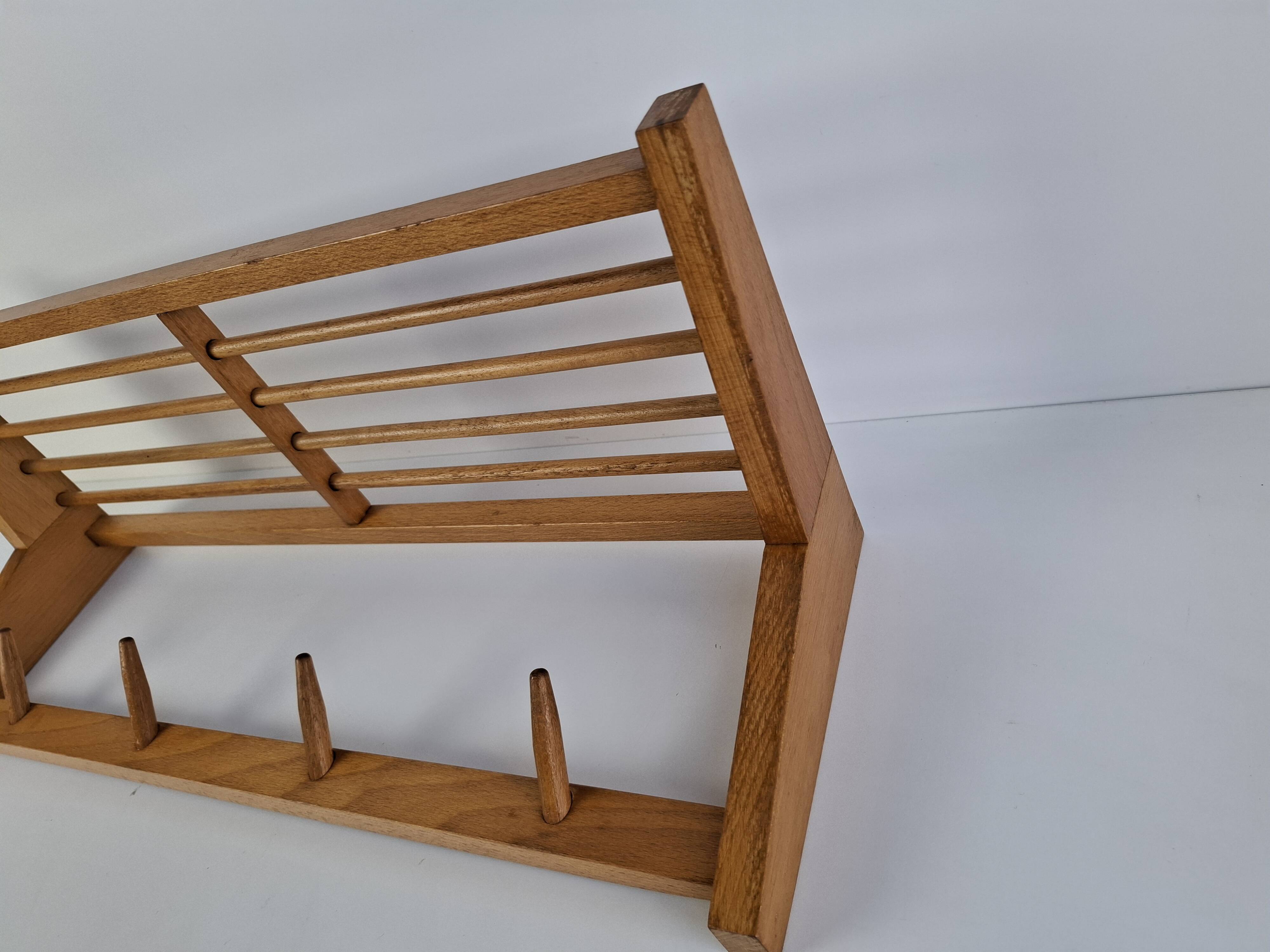 Mid-century Czechoslovak wooden wall coat rack with shelf, Uluv, 1970s