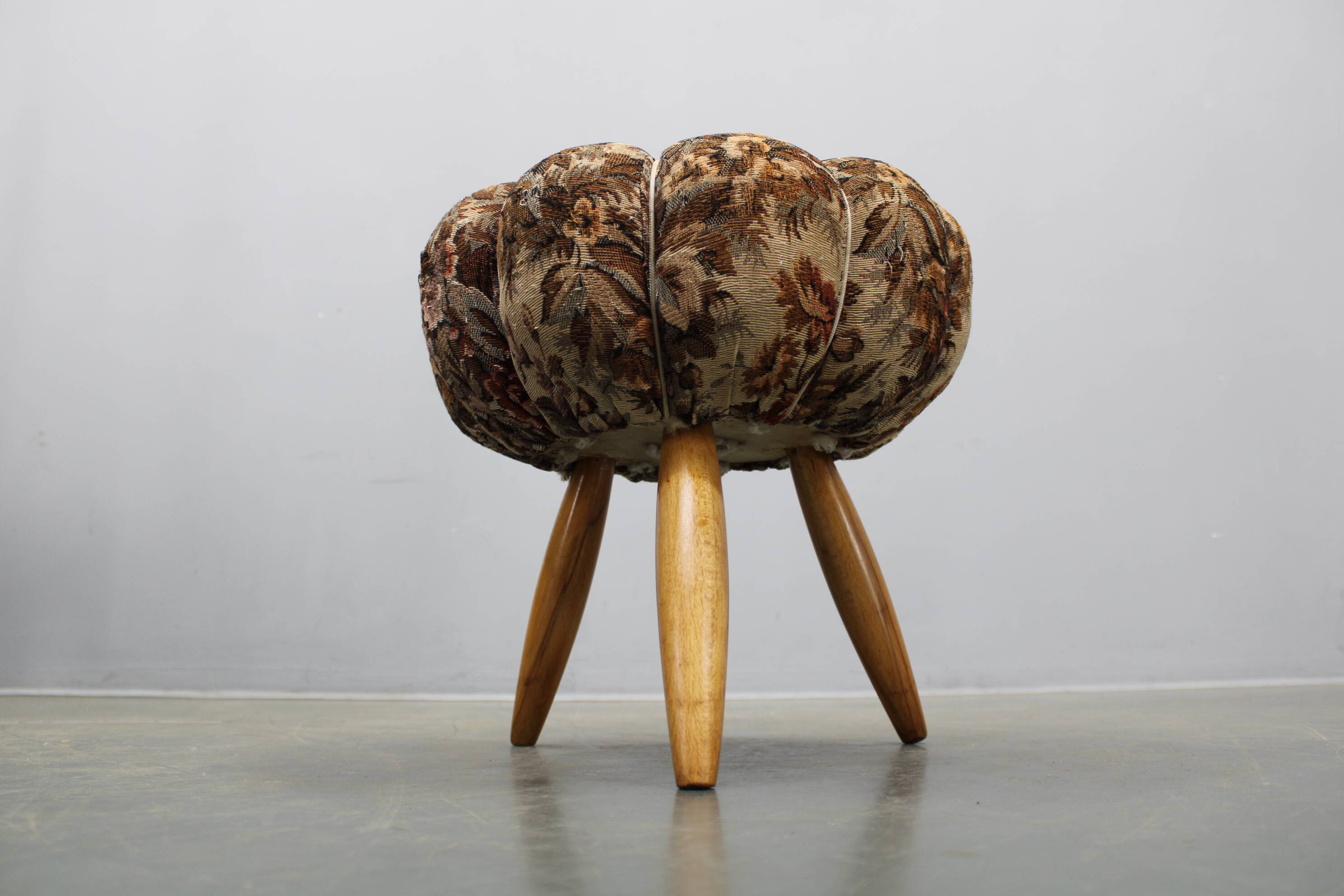 Mid-century Czech upholstered stool, beech wood, 1950s