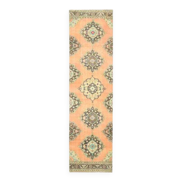 Tapis couloir turc Oushak fait main en laine et coton des années 1970, orange, 98x378.