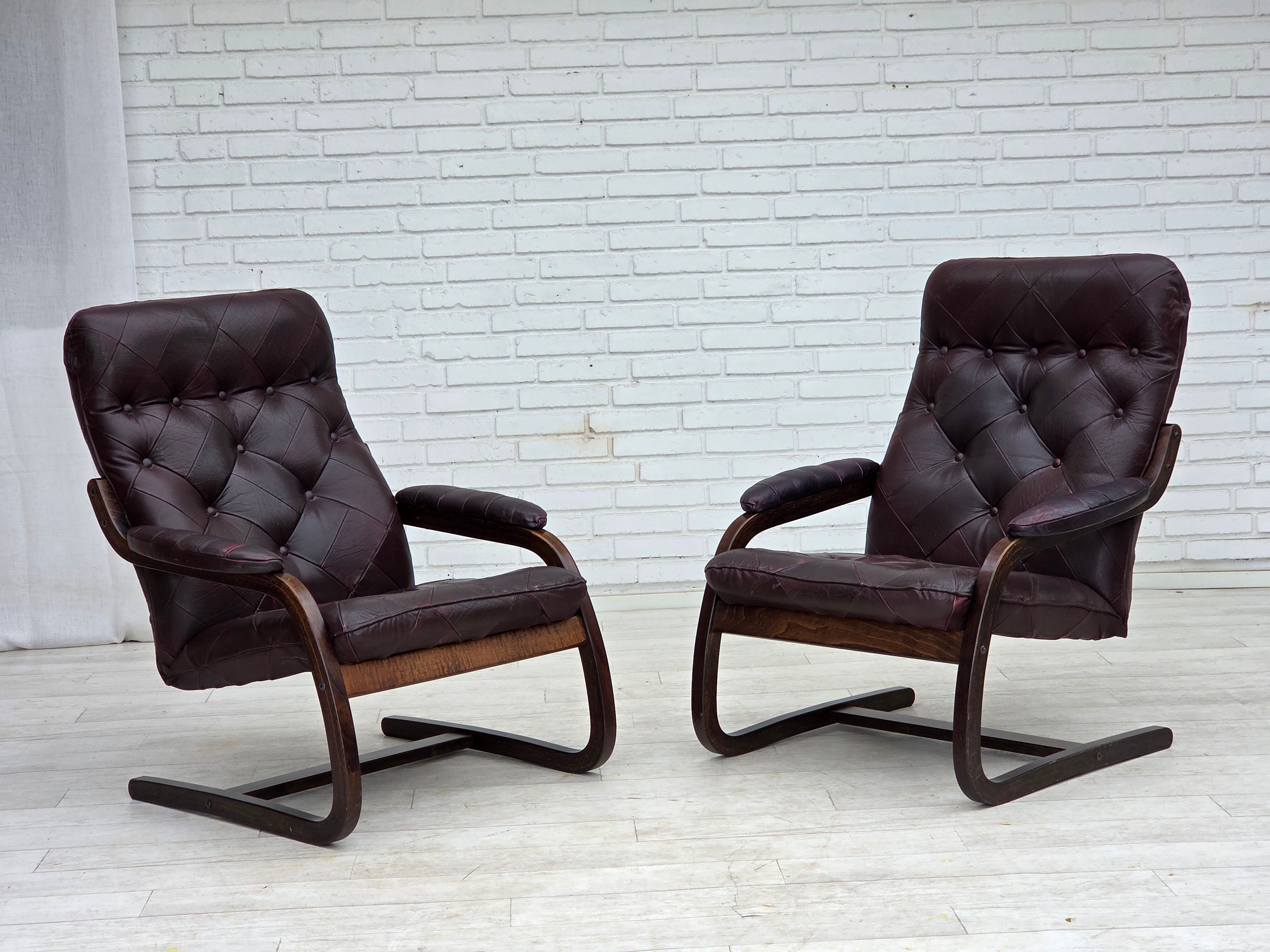 1970s, Scandinavian armchair, brown furniture leather, bent wood.