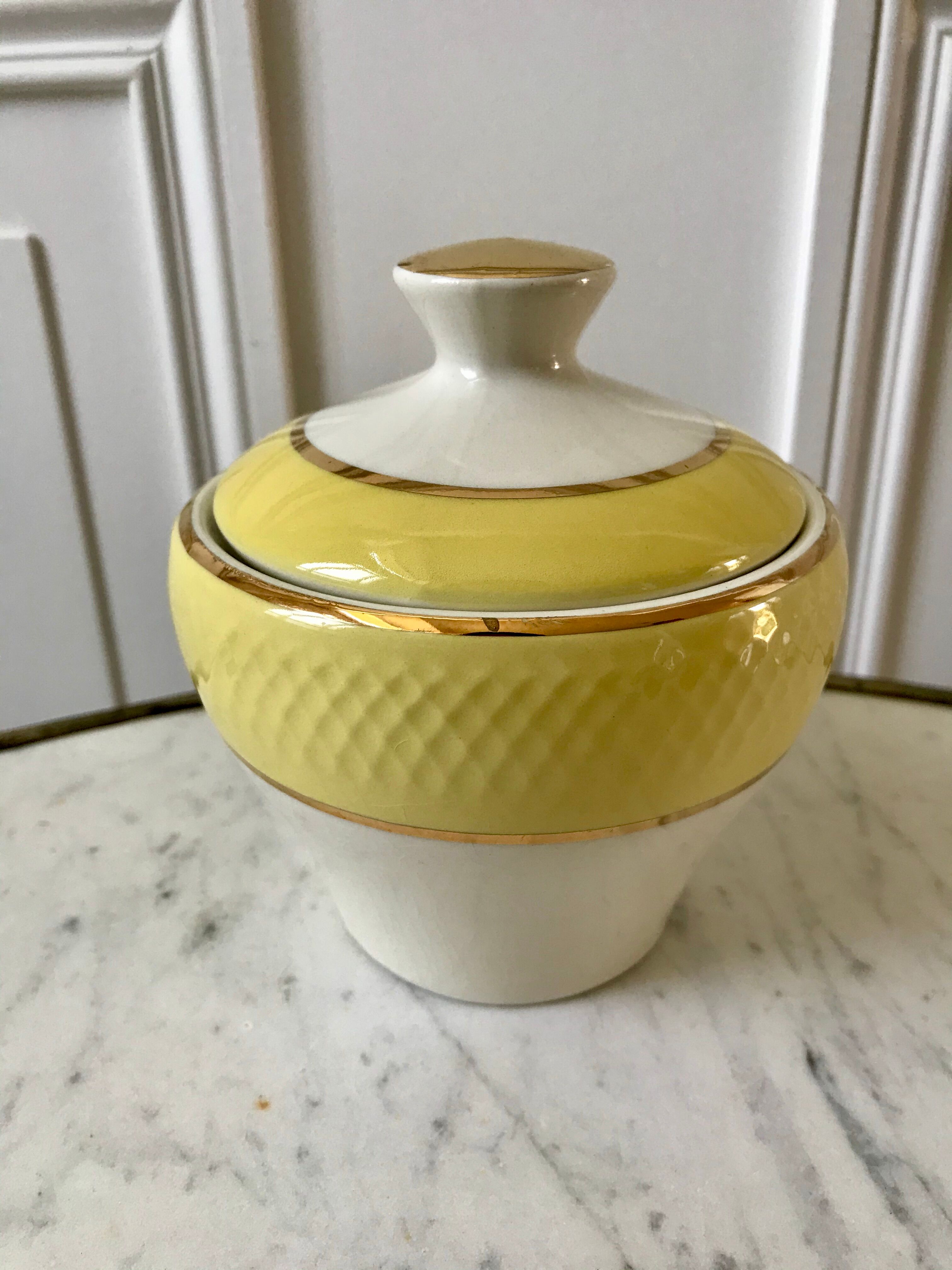 coffee set 6 cups, milk jug and sugar bowl Moulin des Loups textured yellow 50s