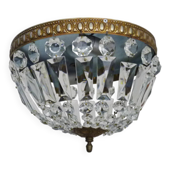 Old crown ceiling light with 2 bulbs, half basket with glass pendants.