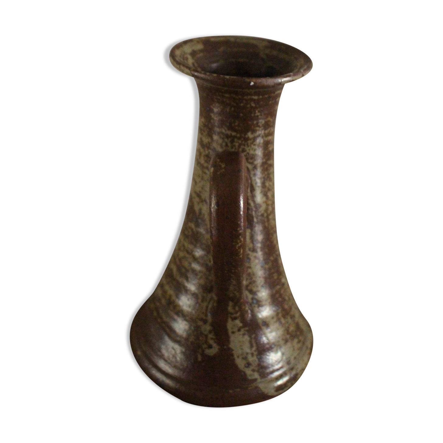 Vintage stoneware candle holder with pyrite glaze and handle