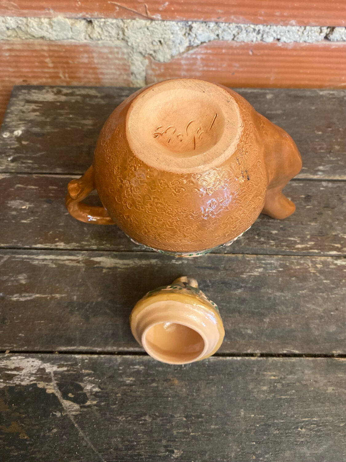 Teapot + 3 Antique Glazed Terracotta Cups Landscape Decor Vintage