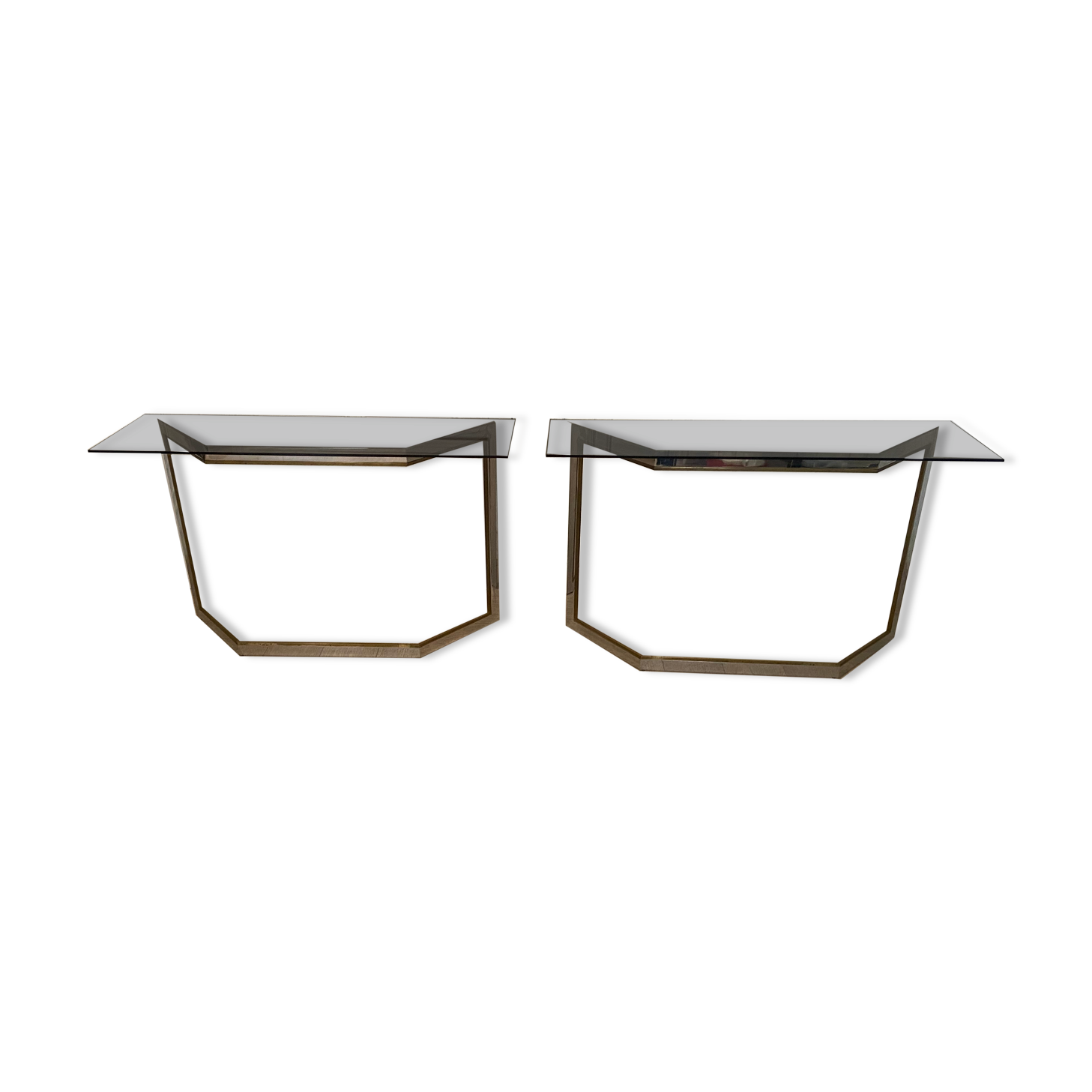 Pair of chrome metal consoles and smoked glass, Italy, 1970s