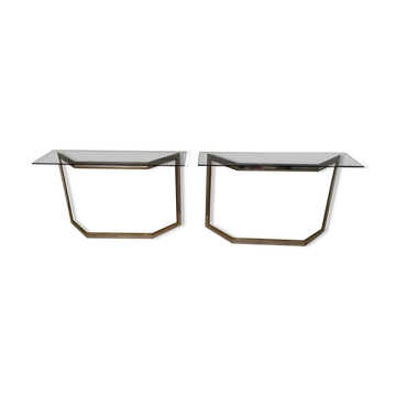 Paire de consoles métal chromé et verre fumé, italie, 1970s