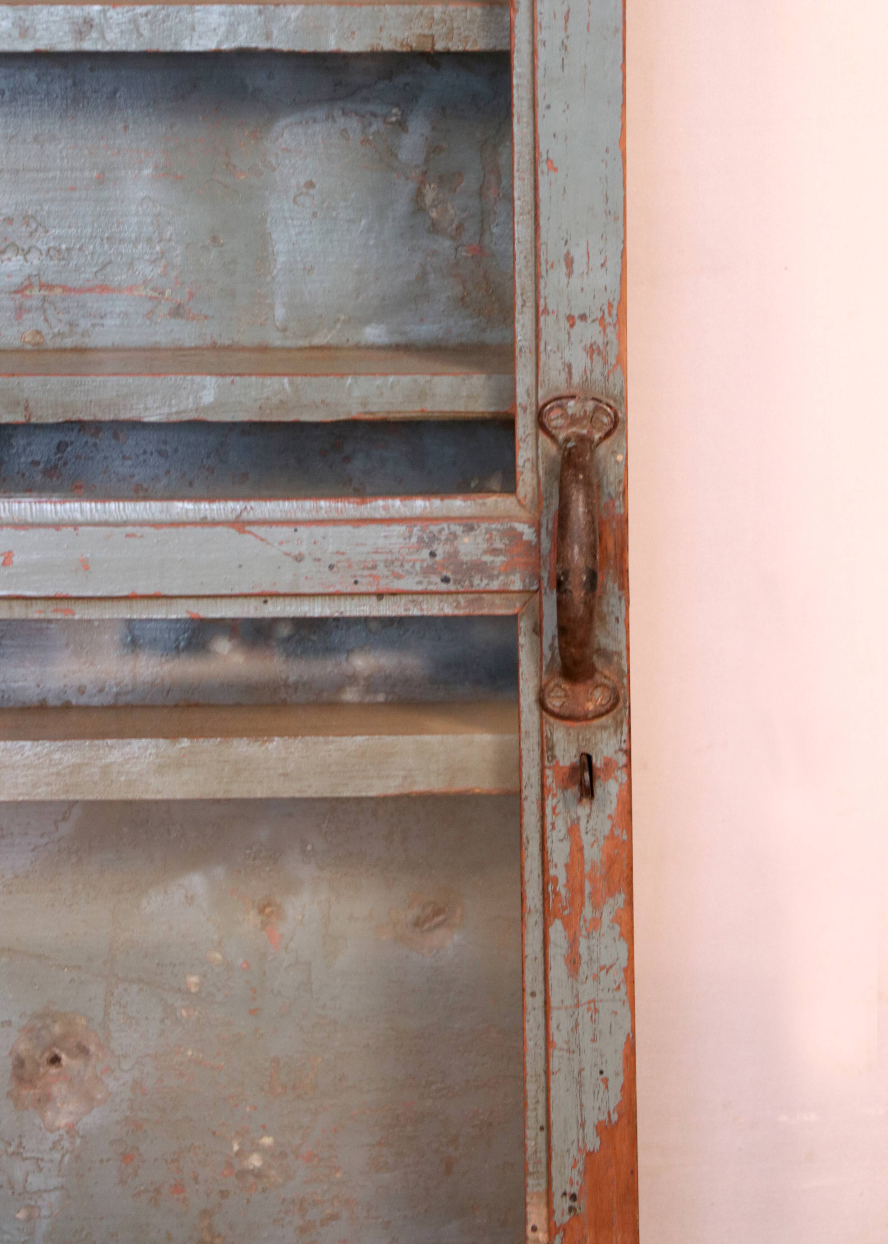Old original grey-blue patina Burmese teak wall display case
