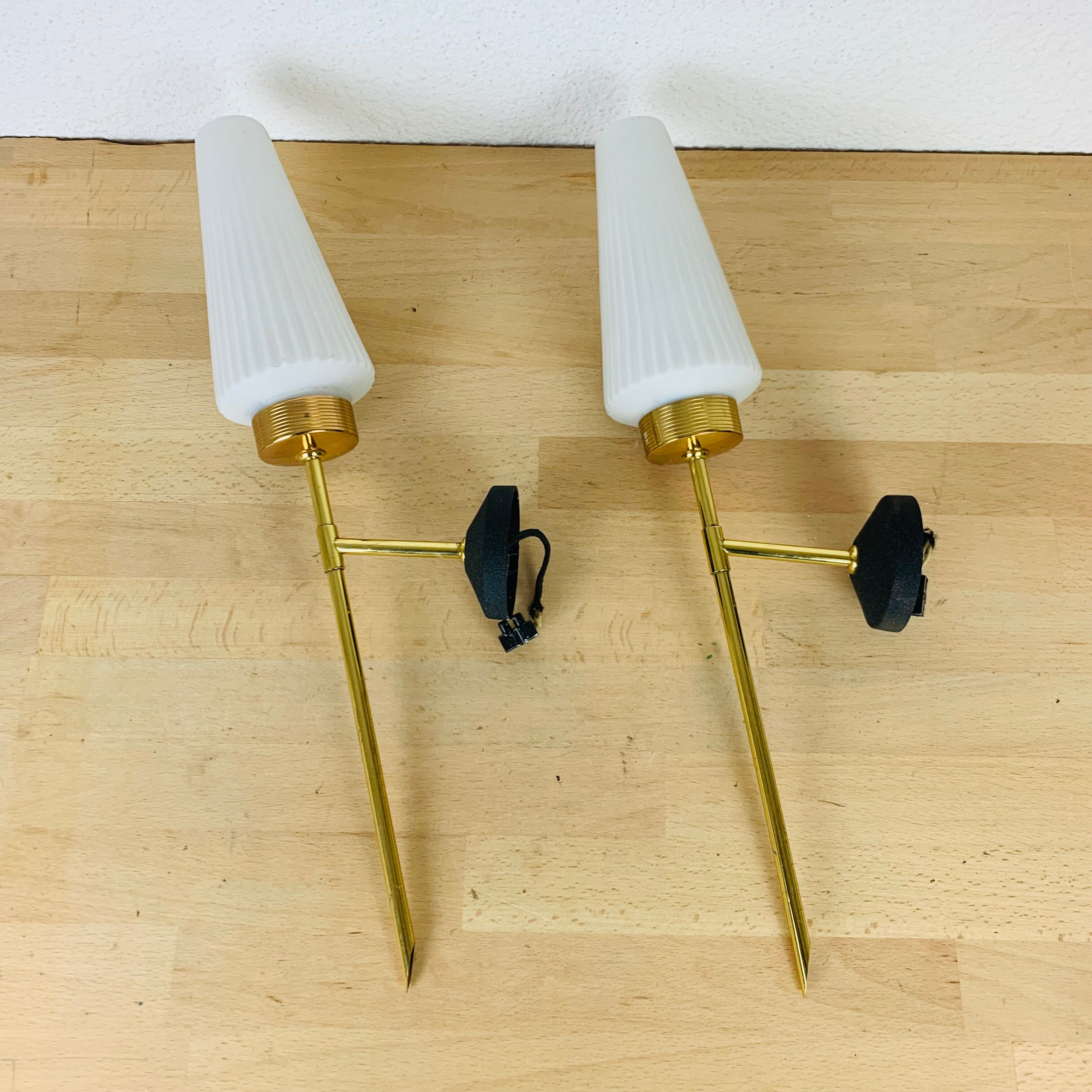 Pair of brass and opaline Lunel sconces, Arlus 50s