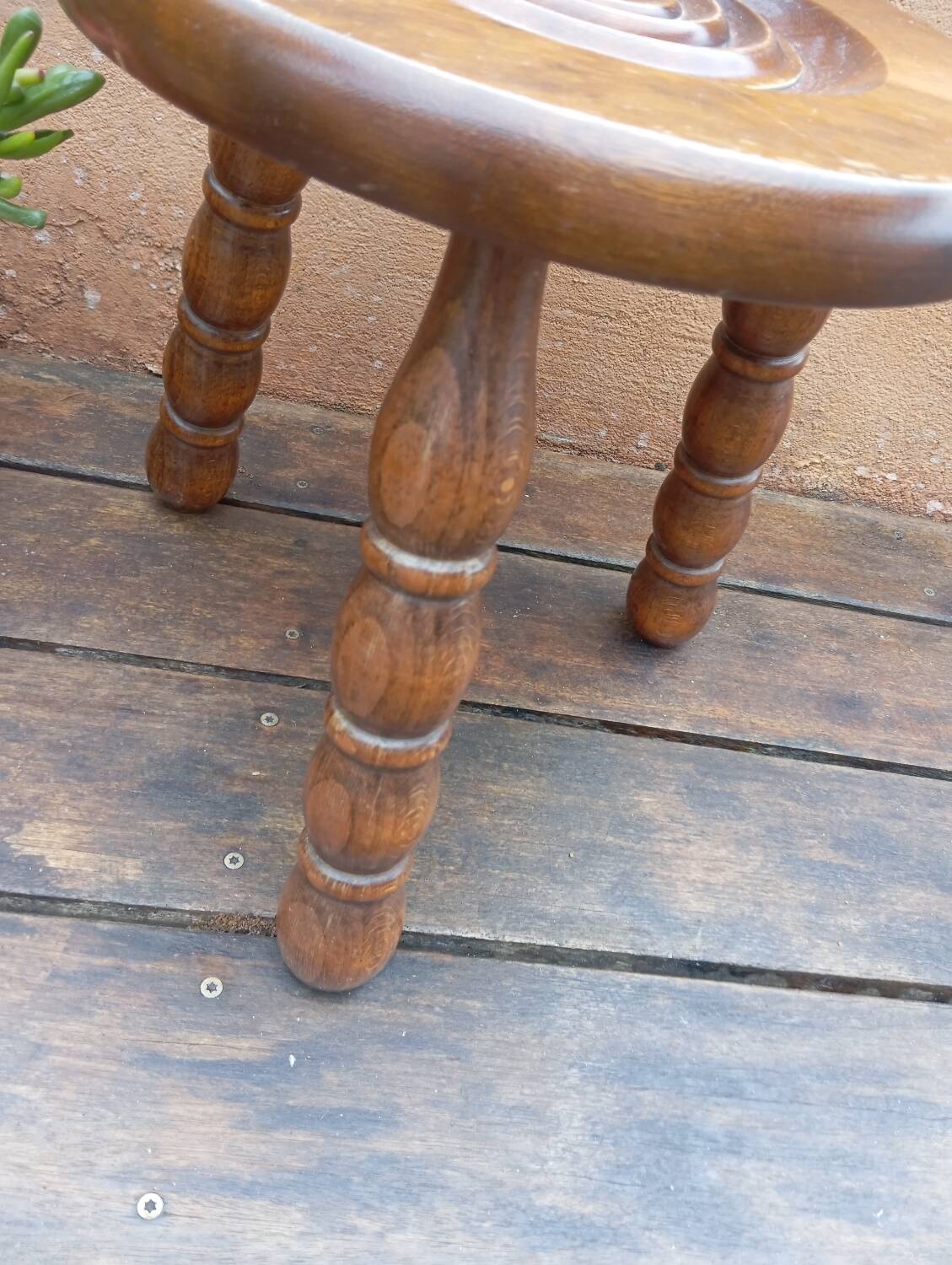 Brutalist tripod wooden stool in Charles Duduyt style.50/60