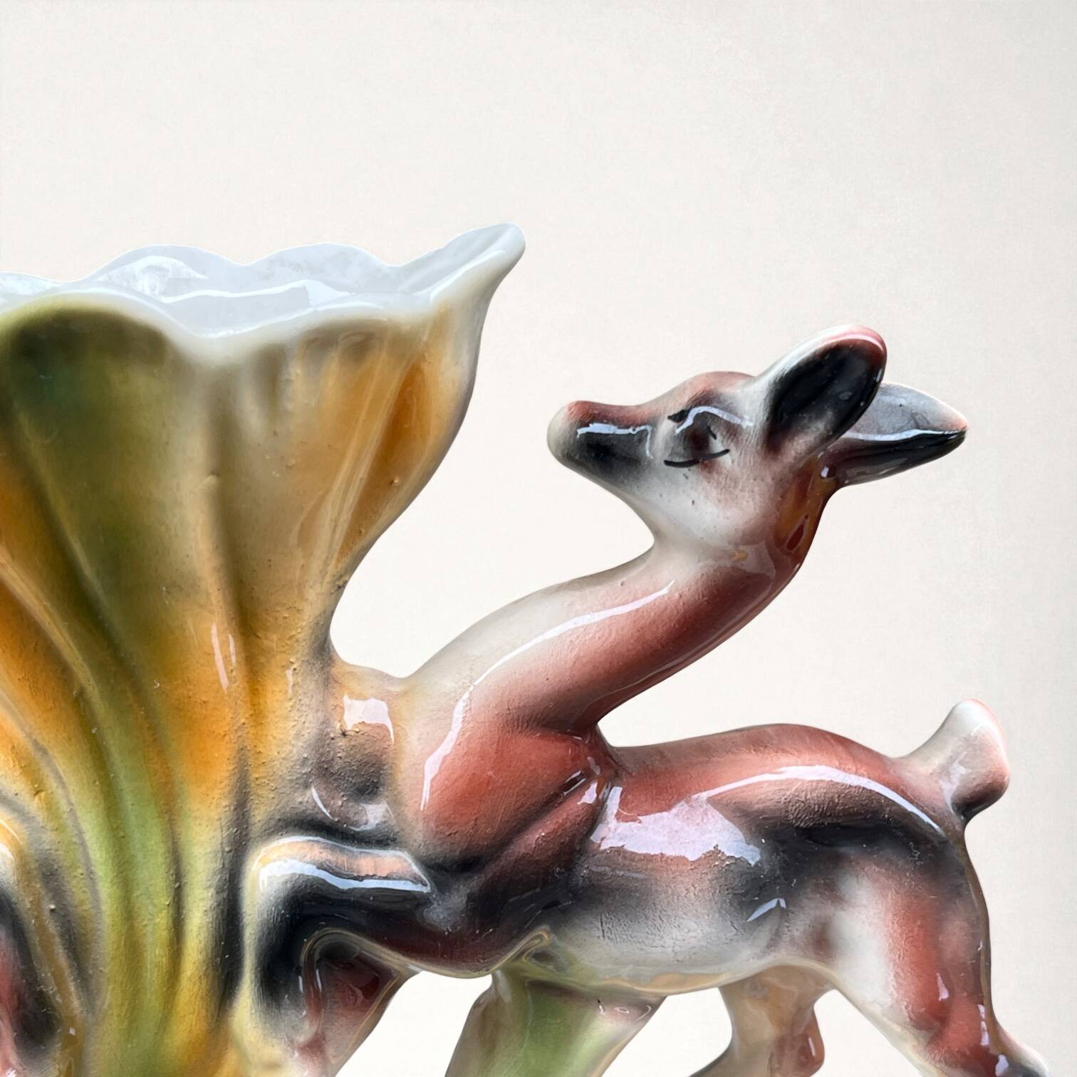 Vintage Italian polychrome ceramic vase with animal motif, deer, and flower (ICAP)