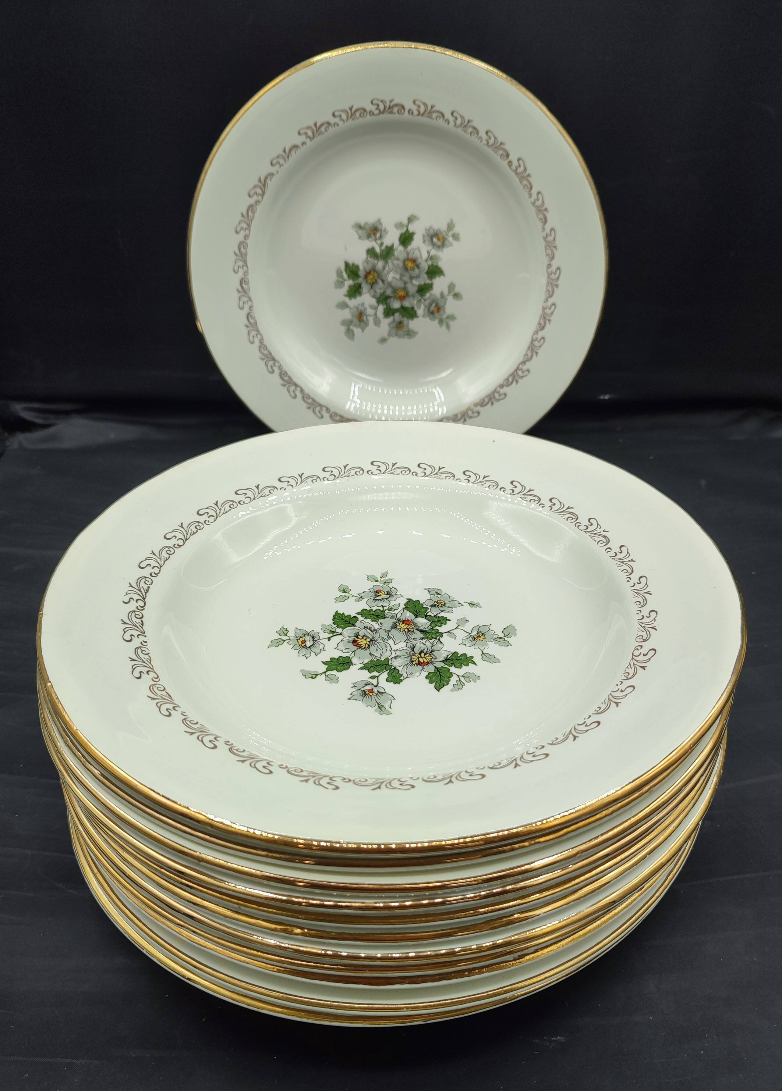 Service of 12 vintage deep plates L'Amandinois Floral Decoration and Gilding