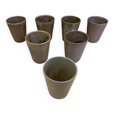 Série De 7 Tasses Gobelets DIGOIN Grès Beige Made In France Vintage #E