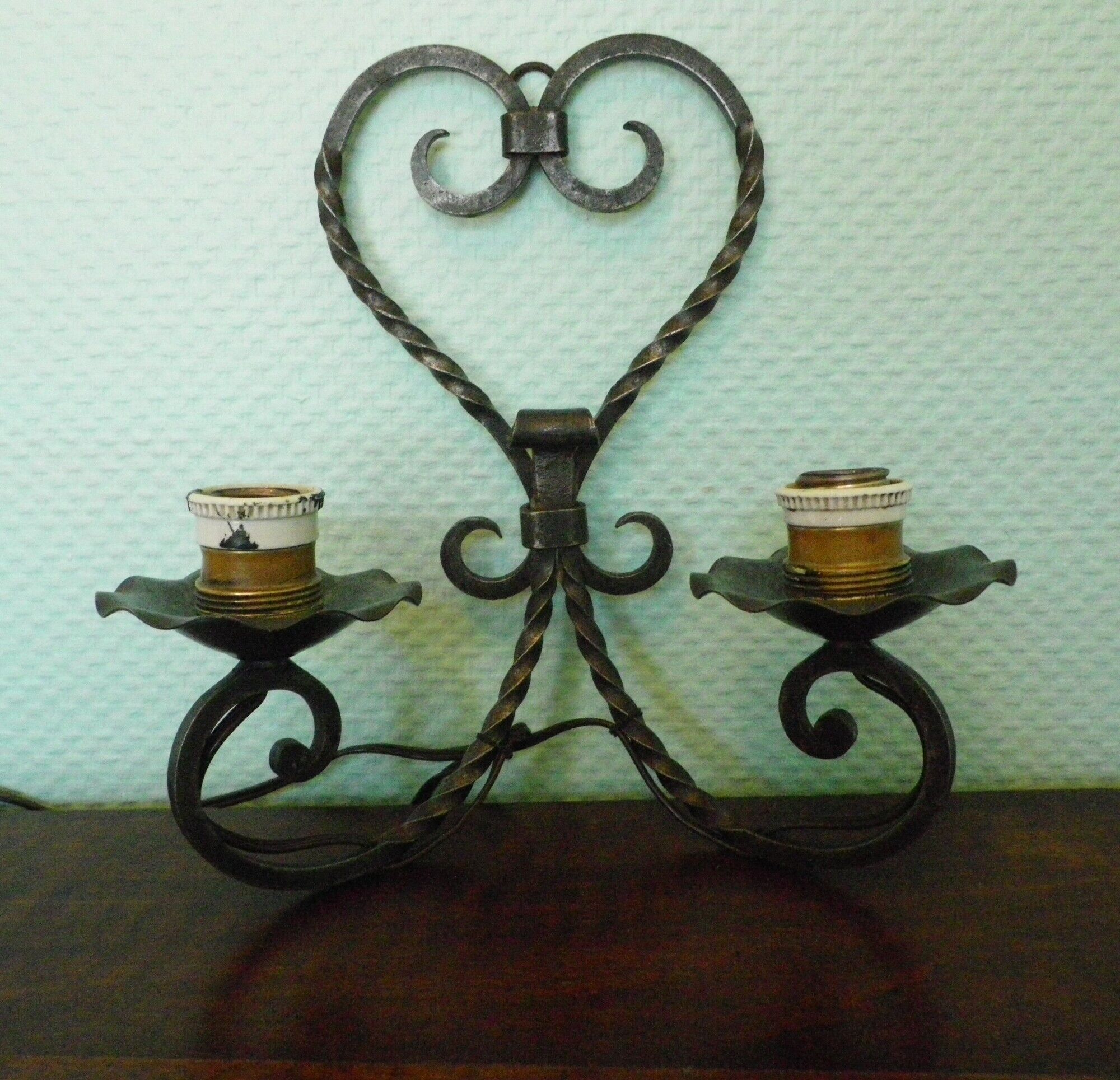 Real wrought iron wall sconce assembled and uns welded, porcelain and brass sleeves -1930/40