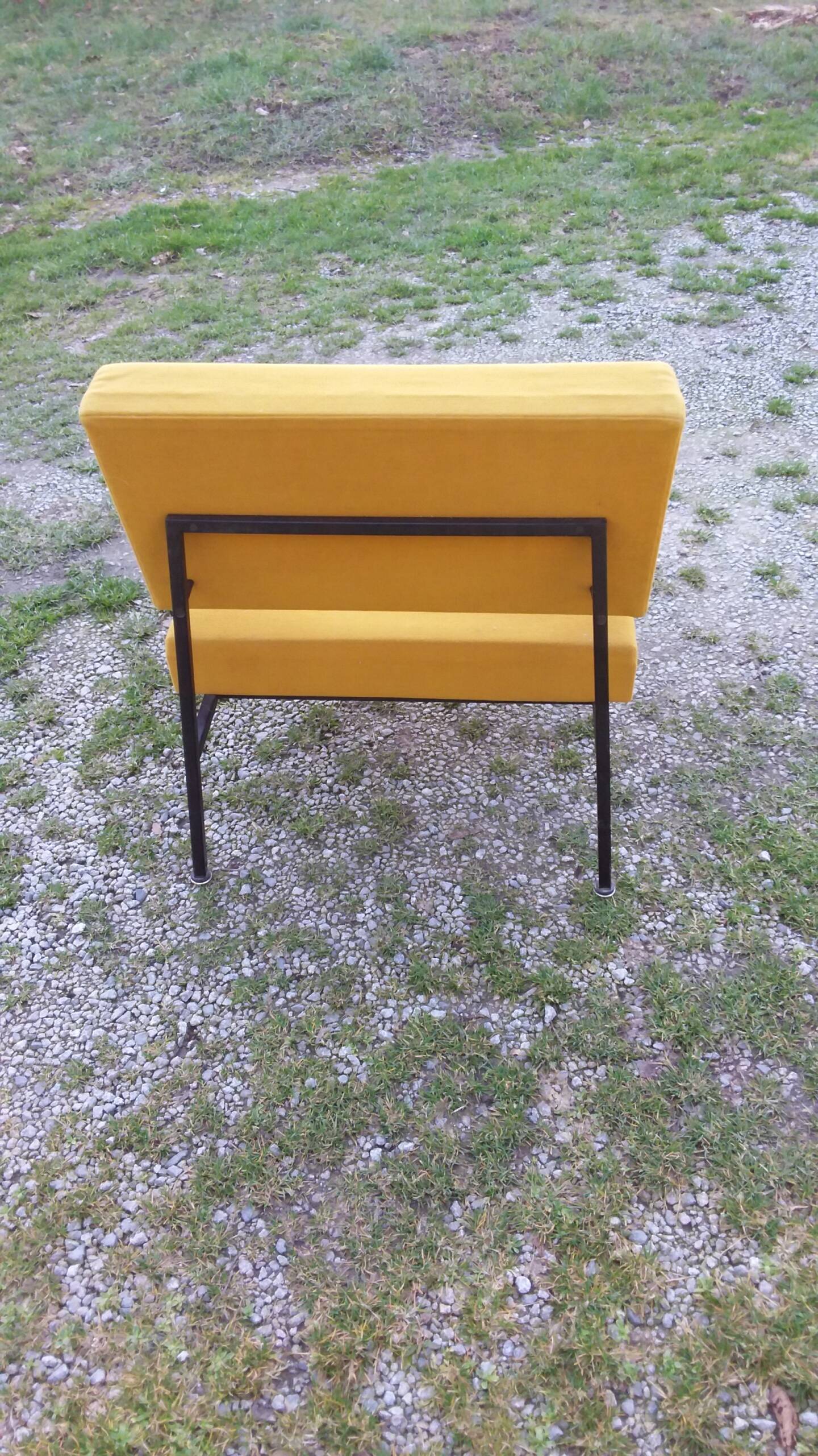 Vintage 50s armchair with black metal base and fabric seats