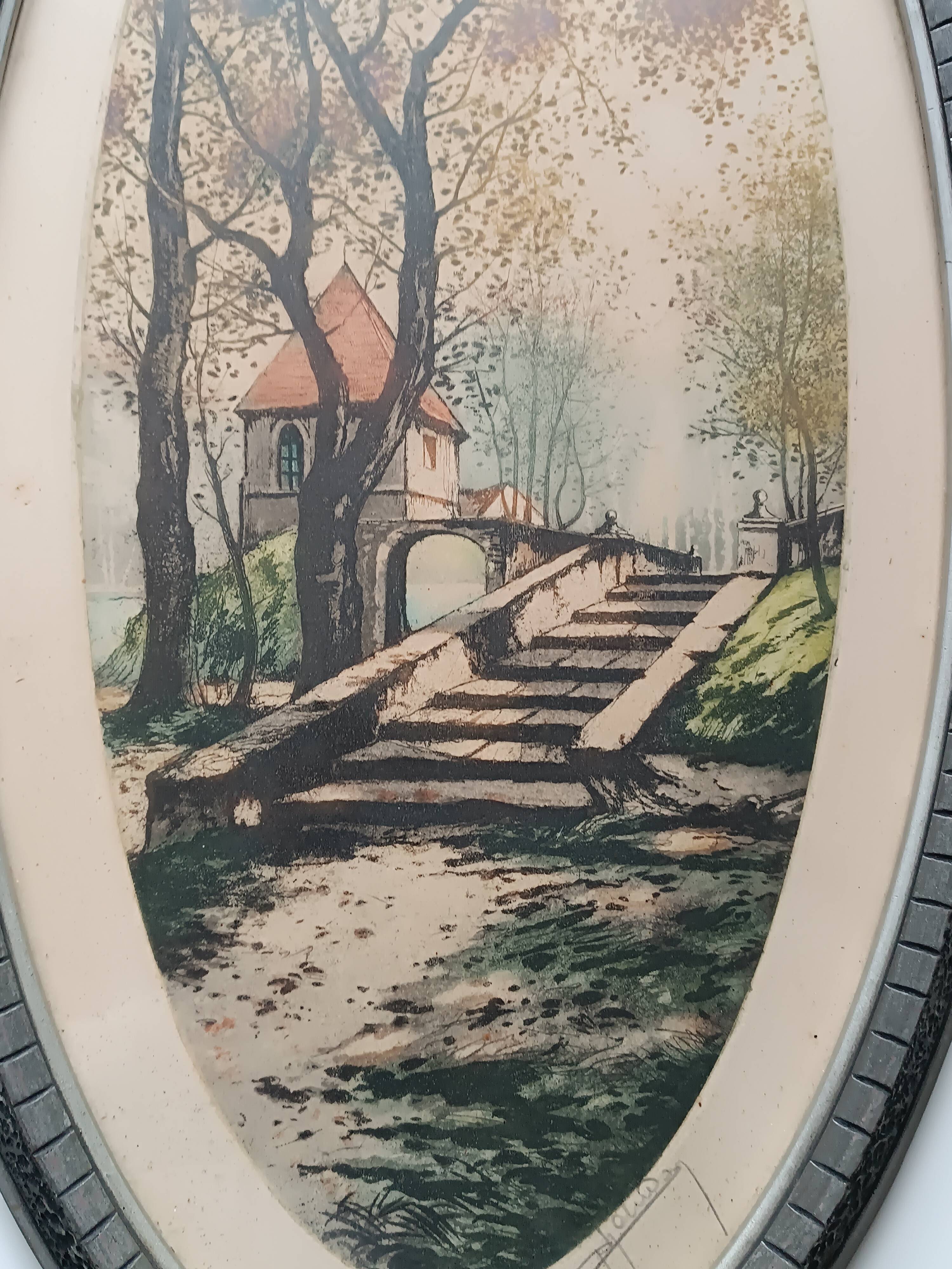 Pair of color lithographed landscape paintings