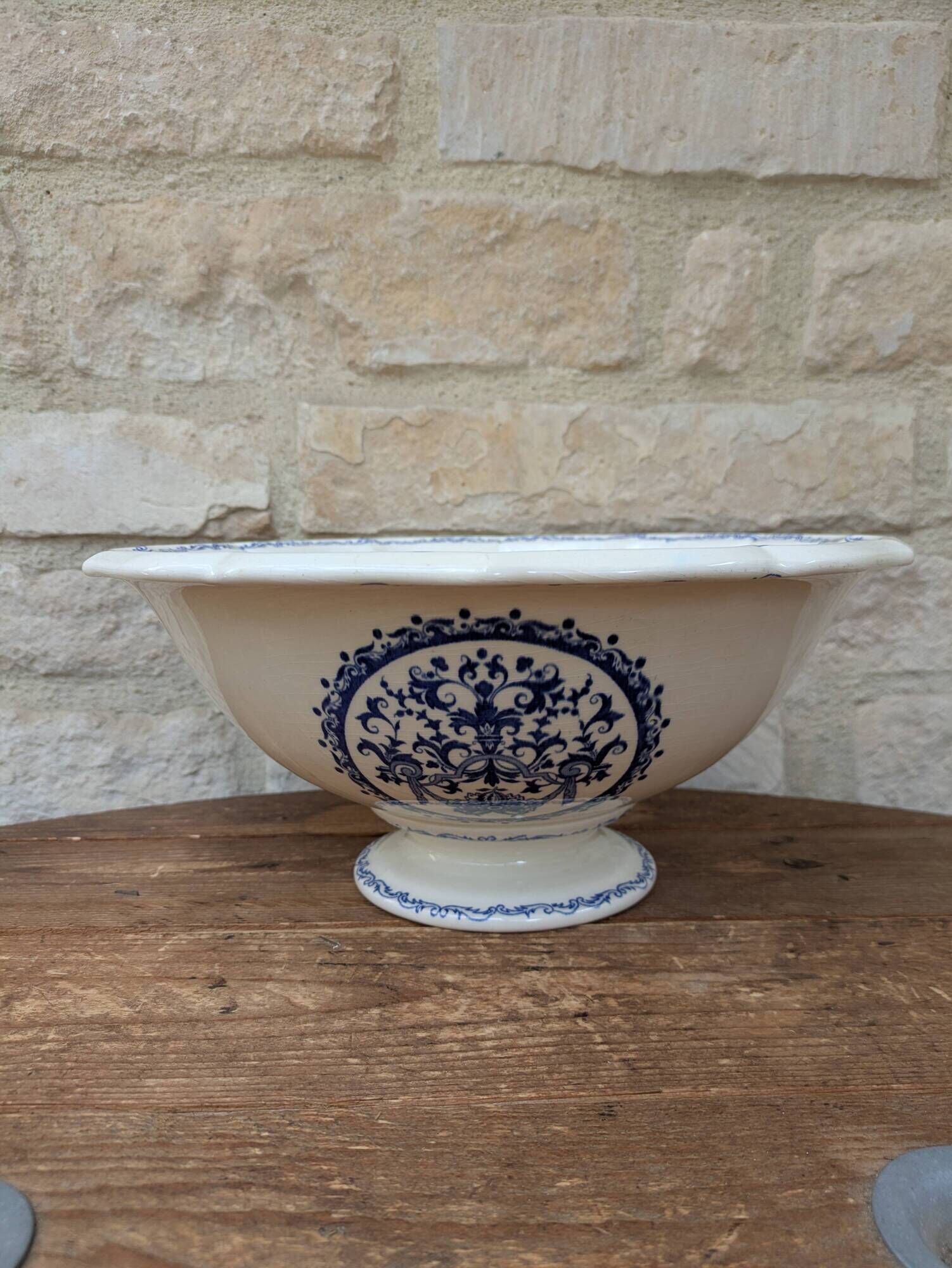 Vintage large salad bowl Gien Rouen model blue arabesques 30x14cm